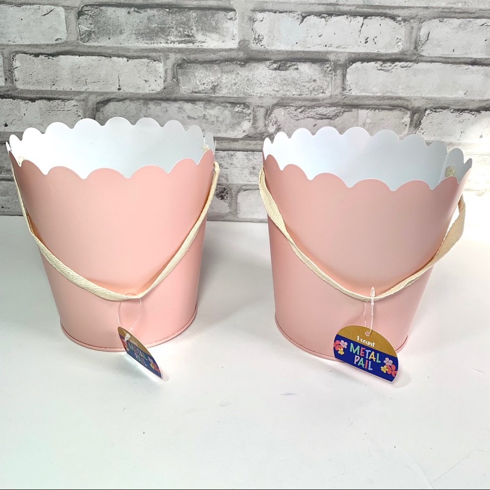 Set of 2 Pink Scalloped Edge Metal Pail Buckets
